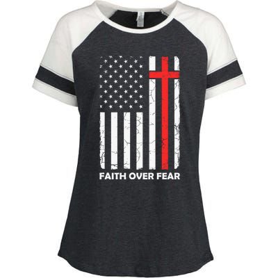 America Pride US Flag Faith Over Fear Prayer Jesus Christian Enza Ladies Jersey Colorblock Tee