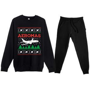 Aeromas Plane Ugly Christmas Sweater Flight Xmas Pilot Gift Funny Gift Premium Crewneck Sweatsuit Set