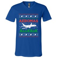 Aeromas Plane Ugly Christmas Sweater Flight Xmas Pilot Gift Funny Gift V-Neck T-Shirt