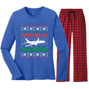 Aeromas Plane Ugly Christmas Sweater Flight Xmas Pilot Gift Funny Gift Women's Long Sleeve Flannel Pajama Set 