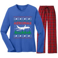 Aeromas Plane Ugly Christmas Sweater Flight Xmas Pilot Gift Funny Gift Women's Long Sleeve Flannel Pajama Set 