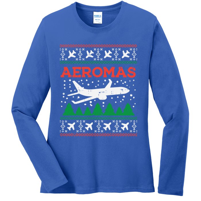 Aeromas Plane Ugly Christmas Sweater Flight Xmas Pilot Gift Funny Gift Ladies Long Sleeve Shirt