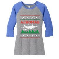 Aeromas Plane Ugly Christmas Sweater Flight Xmas Pilot Gift Funny Gift Women's Tri-Blend 3/4-Sleeve Raglan Shirt