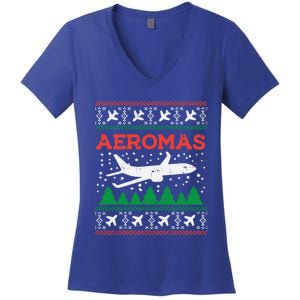 Aeromas Plane Ugly Christmas Sweater Flight Xmas Pilot Gift Funny Gift Women's V-Neck T-Shirt