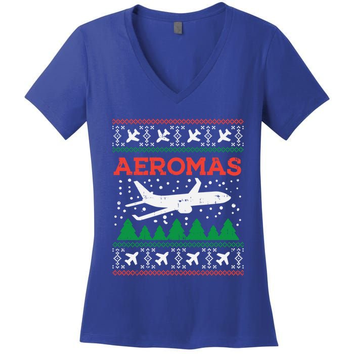 Aeromas Plane Ugly Christmas Sweater Flight Xmas Pilot Gift Funny Gift Women's V-Neck T-Shirt