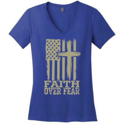 America Pride US Flag Faith Over Fear Prayer Religious  Women's V-Neck T-Shirt