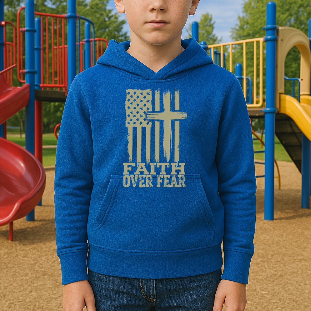 America Pride US Flag Faith Over Fear Prayer Religious  Kids Hoodie