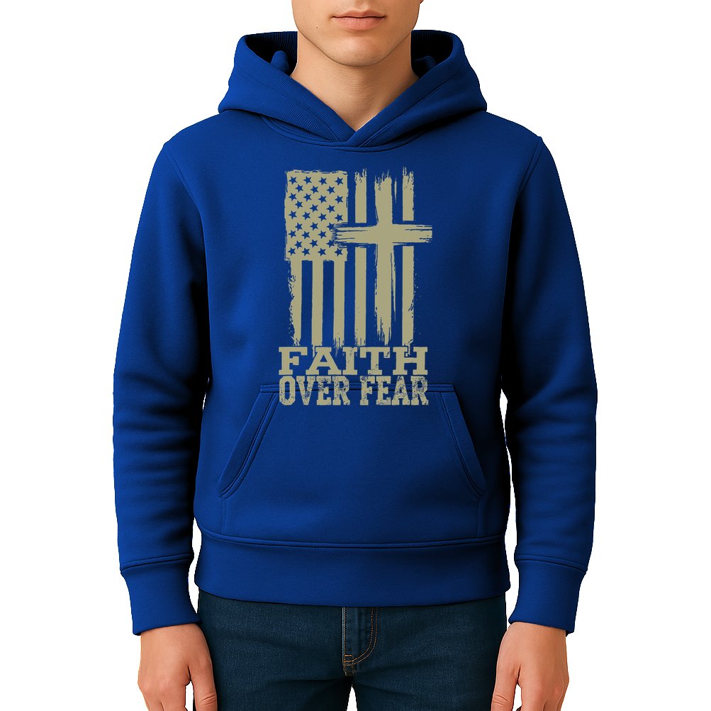 America Pride US Flag Faith Over Fear Prayer Religious  Kids Hoodie
