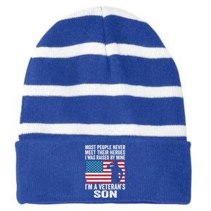 American Proud Veteran Son Veterans Day Memorial Day Funny Gift Striped Beanie with Solid Band