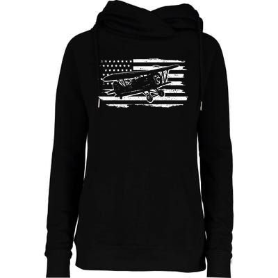 Airplane Pilot Vintage Patriotic Flag Biplane Plane Aviation Womens Funnel Neck Pullover Hood