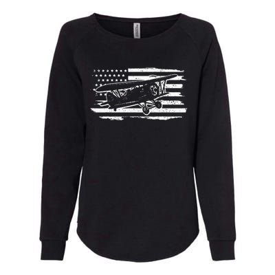 Airplane Pilot Vintage Patriotic Flag Biplane Plane Aviation Womens California Wash Sweatshirt