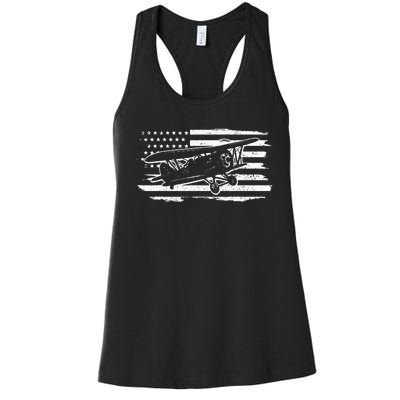 Airplane Pilot Vintage Patriotic Flag Biplane Plane Aviation Women's Racerback Tank