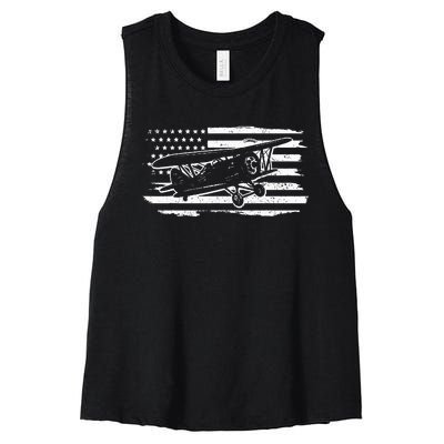 Airplane Pilot Vintage Patriotic Flag Biplane Plane Aviation Women's Racerback Cropped Tank