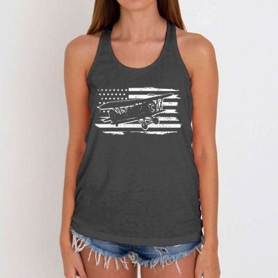 Airplane Pilot Vintage Patriotic Flag Biplane Plane Aviation Women's Knotted Racerback Tank