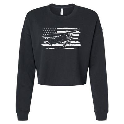 Airplane Pilot Vintage Patriotic Flag Biplane Plane Aviation Cropped Pullover Crew