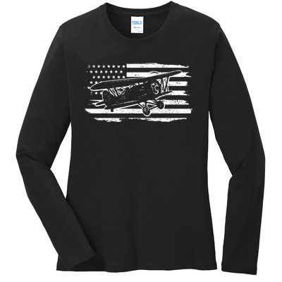 Airplane Pilot Vintage Patriotic Flag Biplane Plane Aviation Ladies Long Sleeve Shirt