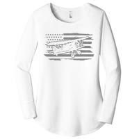 Airplane Pilot Vintage Patriotic Flag Biplane Plane Aviation Women's Perfect Tri Tunic Long Sleeve Shirt