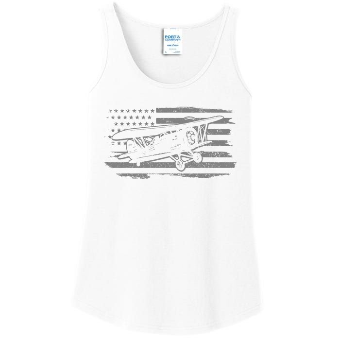 Airplane Pilot Vintage Patriotic Flag Biplane Plane Aviation Ladies Essential Tank