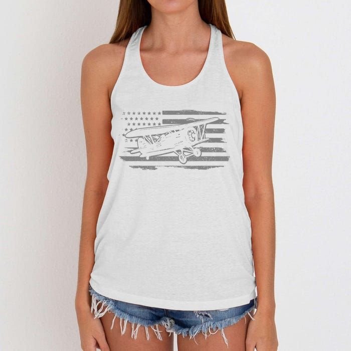 Airplane Pilot Vintage Patriotic Flag Biplane Plane Aviation Women's Knotted Racerback Tank