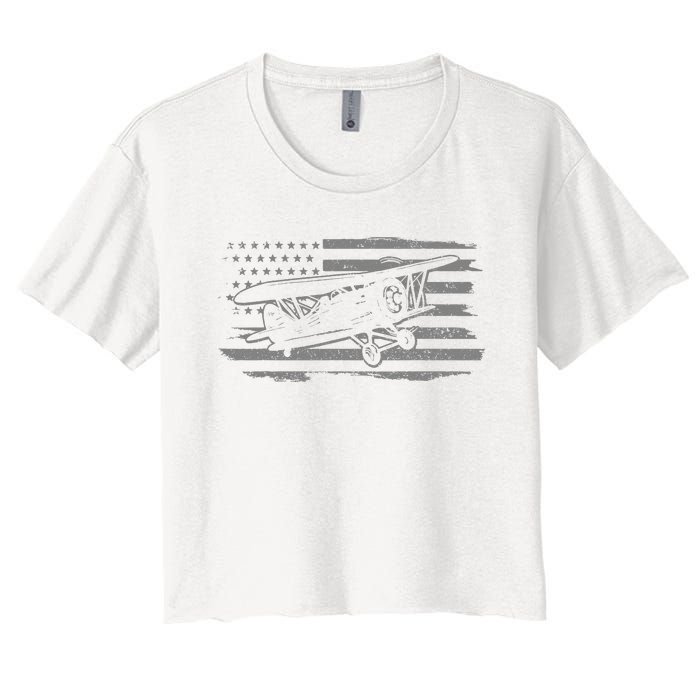 Airplane Pilot Vintage Patriotic Flag Biplane Plane Aviation Women's Crop Top Tee