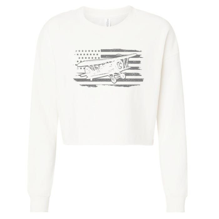 Airplane Pilot Vintage Patriotic Flag Biplane Plane Aviation Cropped Pullover Crew