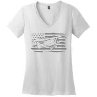 Airplane Pilot Vintage Patriotic Flag Biplane Plane Aviation Women's V-Neck T-Shirt