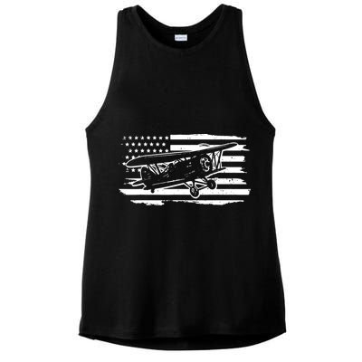 Airplane Pilot Vintage Patriotic Flag Biplane Plane Aviation Ladies PosiCharge Tri-Blend Wicking Tank
