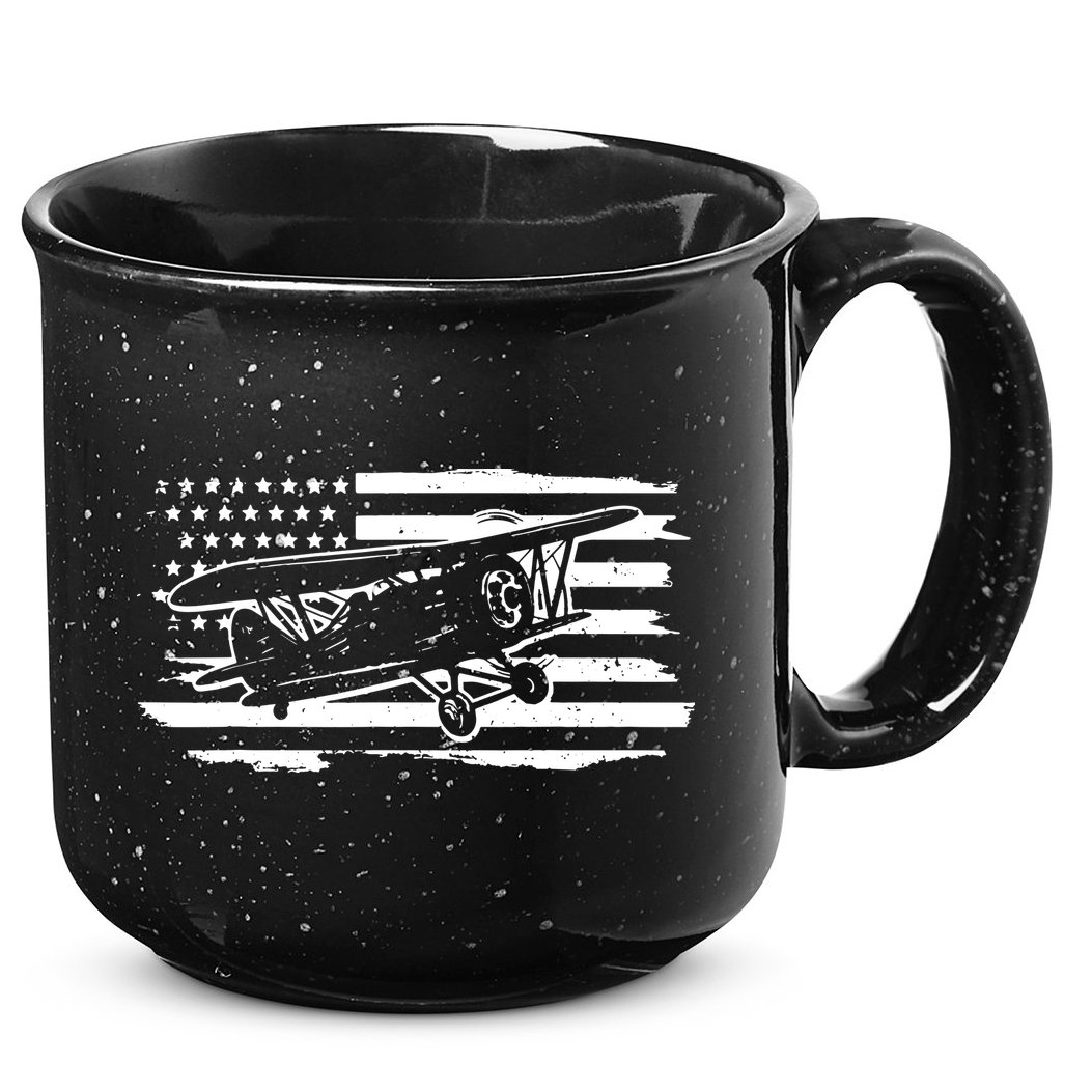 Airplane Pilot Vintage Patriotic Flag Biplane Plane Aviation 15oz Campfire Ceramic Mug