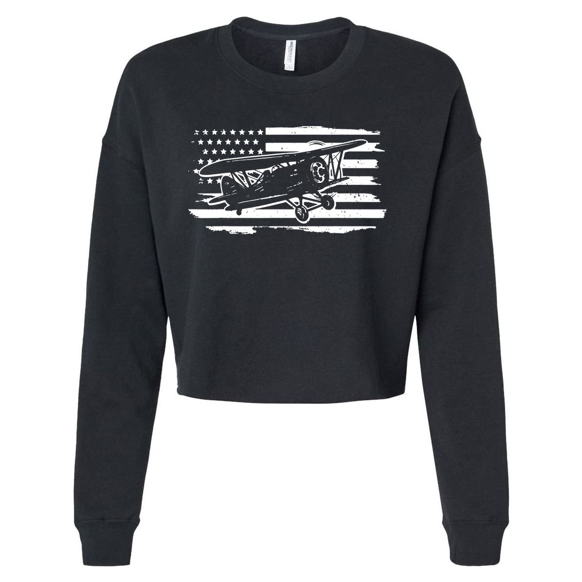 Airplane Pilot Vintage Patriotic Flag Biplane Plane Aviation Cropped Pullover Crew