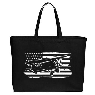 Airplane Pilot Vintage Patriotic Flag Biplane Plane Aviation Cotton Canvas Jumbo Tote