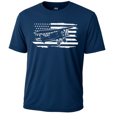 Airplane Pilot Vintage Patriotic Flag Biplane Plane Aviation Performance Shirt