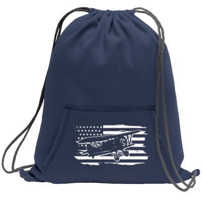 Airplane Pilot Vintage Patriotic Flag Biplane Plane Aviation Sweatshirt Cinch Pack Bag