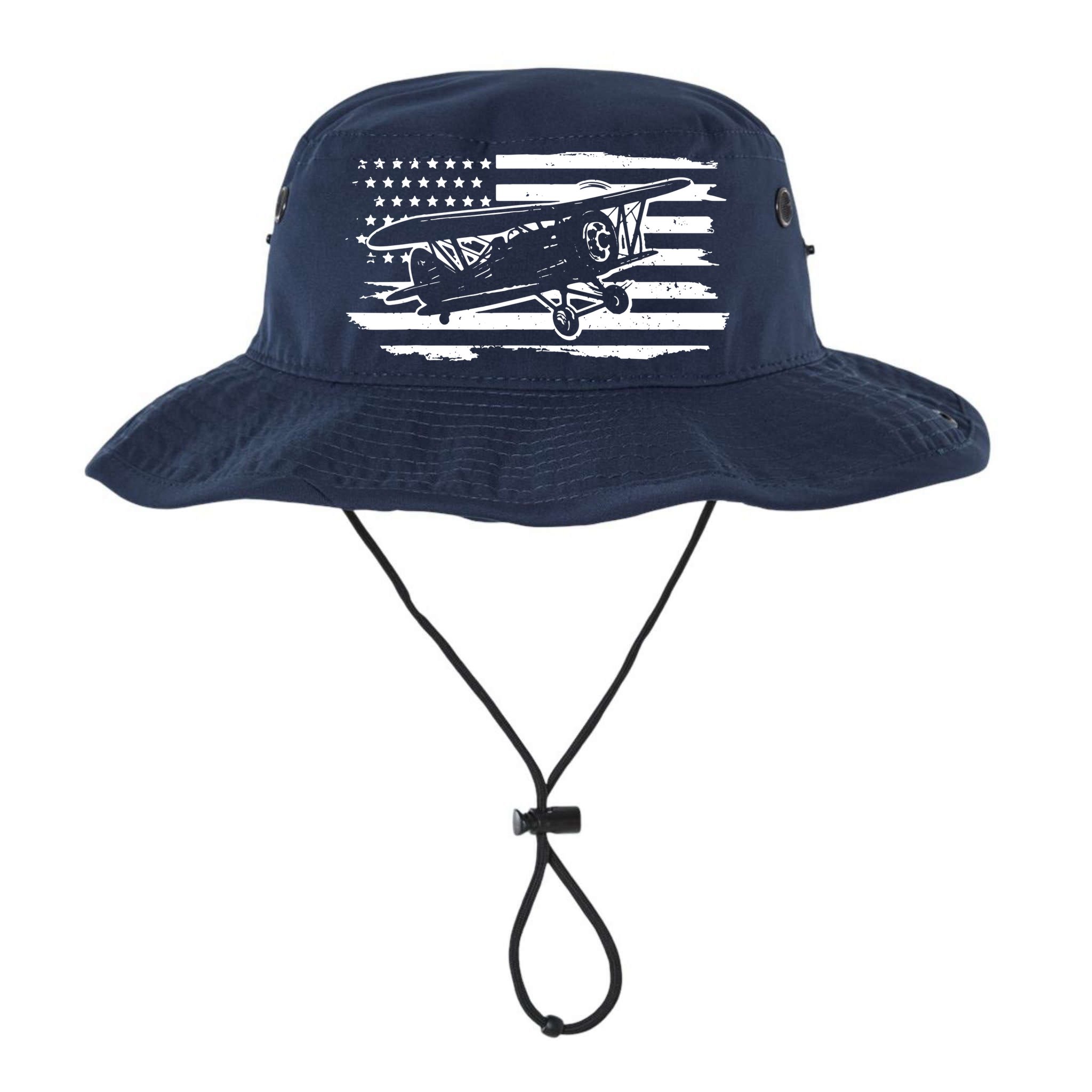 Airplane Pilot Vintage Patriotic Flag Biplane Plane Aviation Bucket Hat