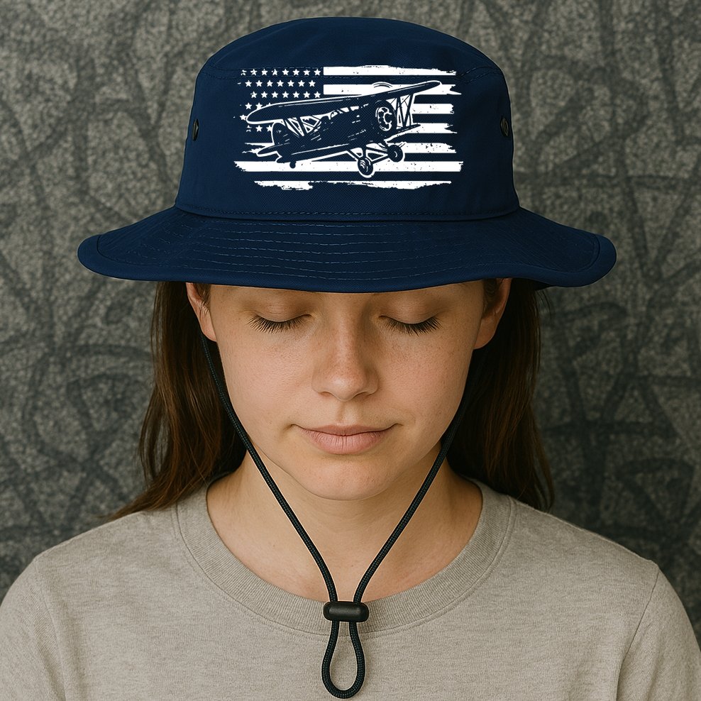 Airplane Pilot Vintage Patriotic Flag Biplane Plane Aviation Bucket Hat