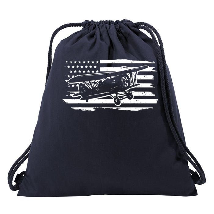 Airplane Pilot Vintage Patriotic Flag Biplane Plane Aviation Drawstring Bag