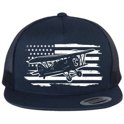 Airplane Pilot Vintage Patriotic Flag Biplane Plane Aviation Flatbill Hat