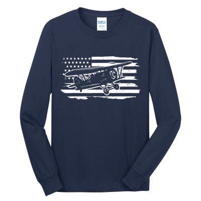 Airplane Pilot Vintage Patriotic Flag Biplane Plane Aviation Tall Long Sleeve T-Shirt