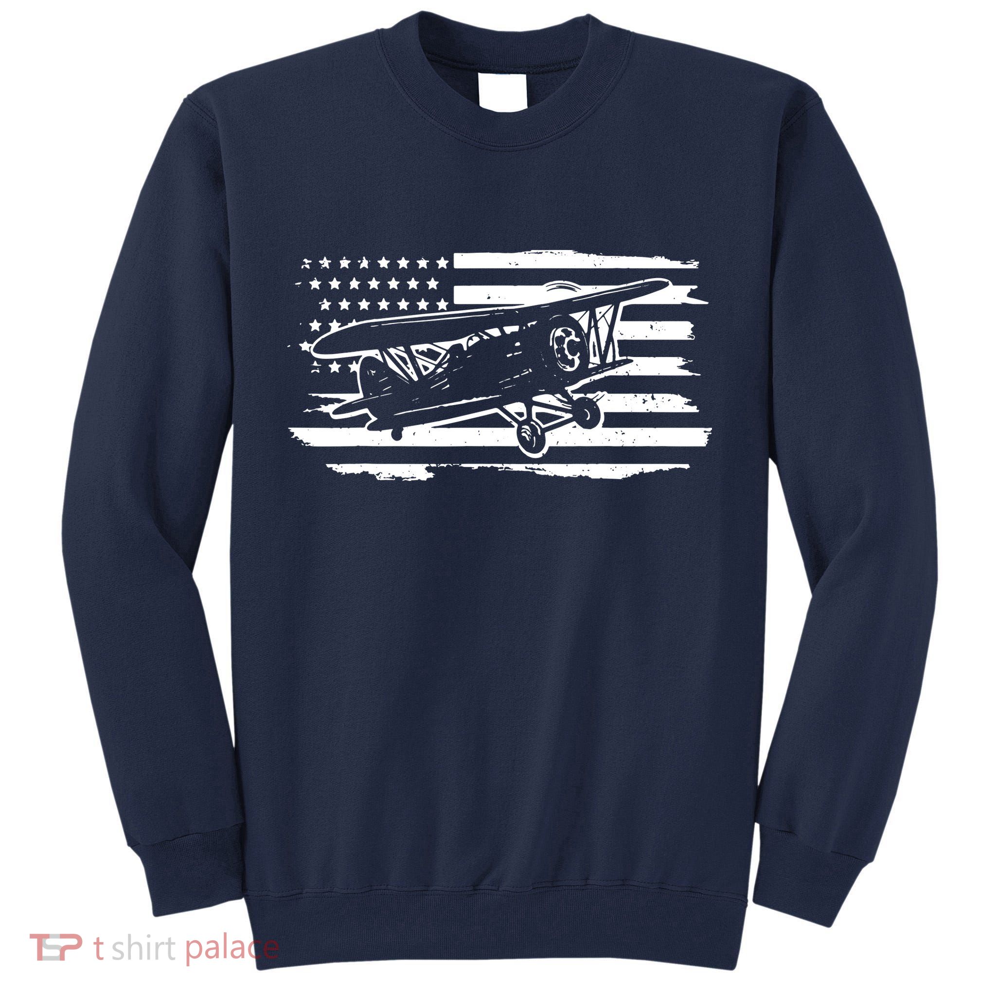 Airplane Pilot Vintage Patriotic Flag Biplane Plane Aviation Tall Sweatshirt