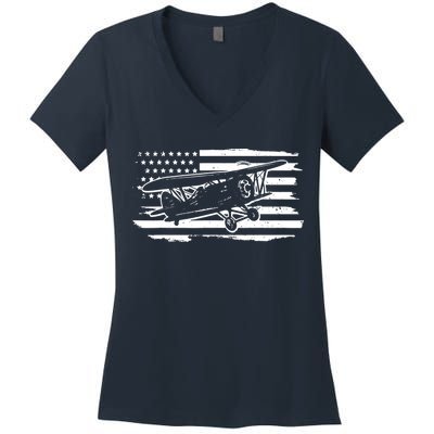 Airplane Pilot Vintage Patriotic Flag Biplane Plane Aviation Women's V-Neck T-Shirt