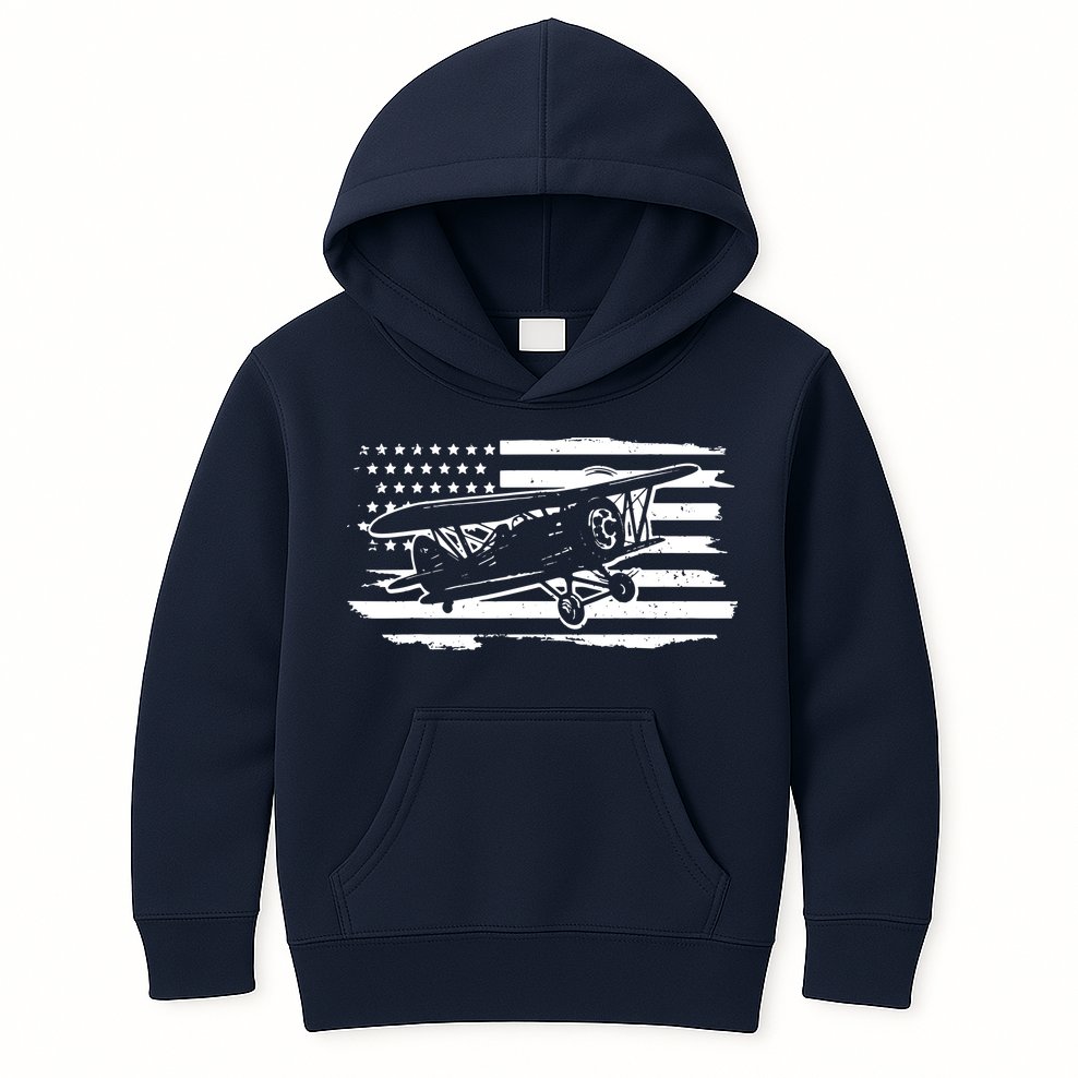 Airplane Pilot Vintage Patriotic Flag Biplane Plane Aviation Kids Hoodie