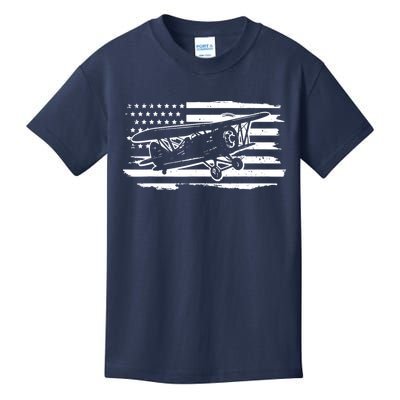 Airplane Pilot Vintage Patriotic Flag Biplane Plane Aviation Kids T-Shirt