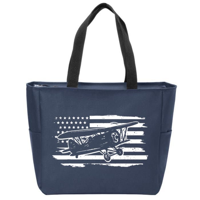 Airplane Pilot Vintage Patriotic Flag Biplane Plane Aviation Zip Tote Bag