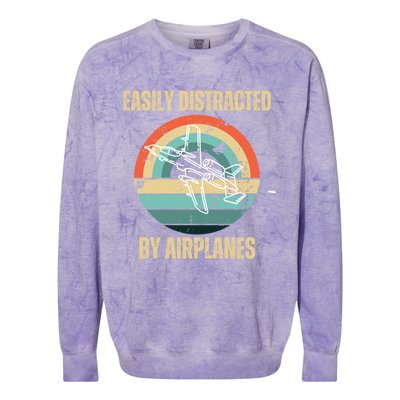 Airplane Pilot Vintage Retro Easily Distracted By Airplanes Cool Gift Colorblast Crewneck Sweatshirt