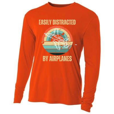 Airplane Pilot Vintage Retro Easily Distracted By Airplanes Cool Gift Cooling Performance Long Sleeve Crew