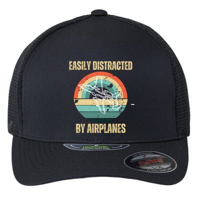 Airplane Pilot Vintage Retro Easily Distracted By Airplanes Cool Gift Flexfit Unipanel Trucker Cap
