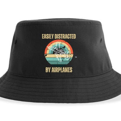 Airplane Pilot Vintage Retro Easily Distracted By Airplanes Cool Gift Sustainable Bucket Hat