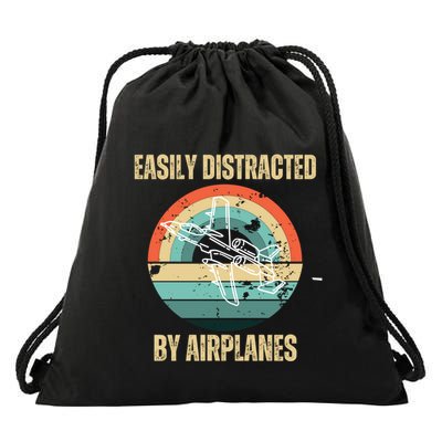 Airplane Pilot Vintage Retro Easily Distracted By Airplanes Cool Gift Drawstring Bag