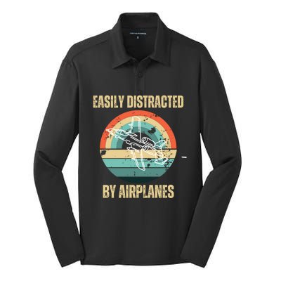 Airplane Pilot Vintage Retro Easily Distracted By Airplanes Cool Gift Silk Touch Performance Long Sleeve Polo