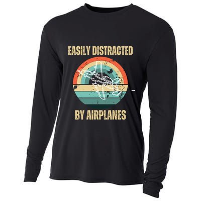 Airplane Pilot Vintage Retro Easily Distracted By Airplanes Cool Gift Cooling Performance Long Sleeve Crew