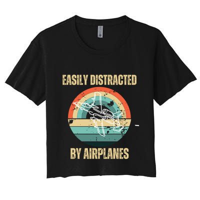 Airplane Pilot Vintage Retro Easily Distracted By Airplanes Cool Gift Crop Top